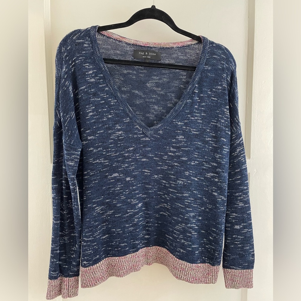 Rag & Bone v-neck blue and red trim pullover sweater, size small